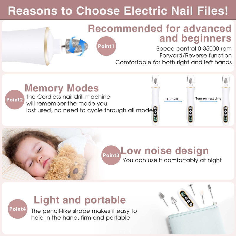 Professional Manicure Pedicure Kit, Cordless Electric Nail Drill with 360° LED light&10 Speeds, Rechargeable Pedicure Tools for feet, Hand Foot Care Nail Drill for Thick Nail Toenail Cuticle Women Men White - BeesActive Australia
