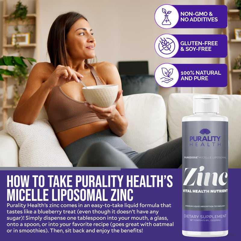 Purality Health Liposomal Liquid Zinc 15mg for Immune Support, 15 Days | Bisglycinate with Vitamin E | Micelle Liposomal High Absorption Formula | Blueberry Flavor, Vegan, Non-GMO, Gluten Free