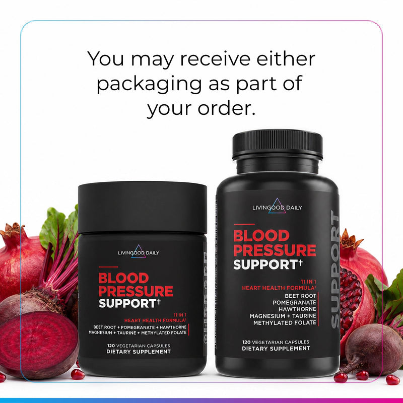 Livingood Daily Blood Pressure Support, Heart Health Supplement, 120 Caps | 11-in-1 Blood Circulation Supplements, Beet Root, Hawthorn, Pomegranate, Magnesium, Taurine, Folate, Vegan, Made in USA