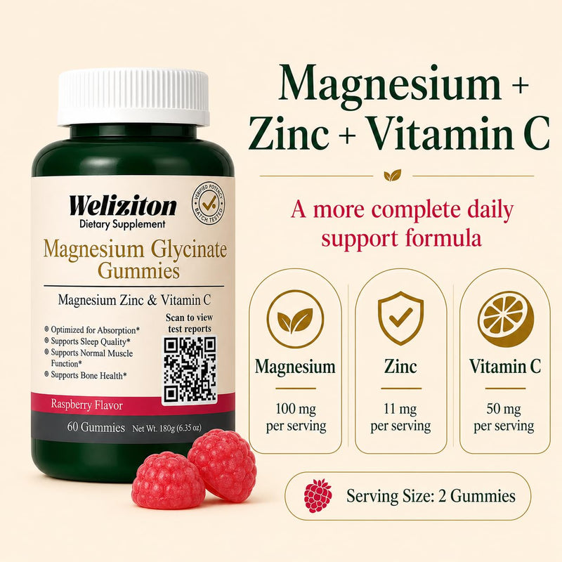 Magnesium Glycinate Gummies 100mg -Magnesium Gummies for Adults with Zinc & Vitamin C, Gentle on Stomach, Sleep, Calm & Muscle Support, Sugar-Free Raspberry Flavor, 60 Count (30-Day Supply)
