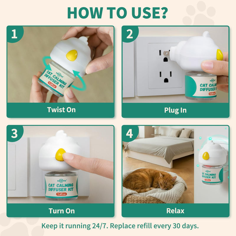 60-Day Cat Calming Diffuser with Pheromones – Cat Pheromone Diffuser for Cats, Helps Reduce Stress, Anxiety, Scratching & Urine Marking, Calming Diffuser for Cats with 2 Refills