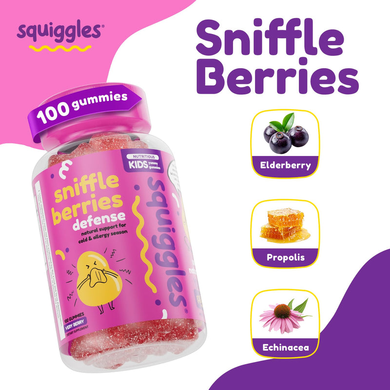 Squiggles Sniffle Berries Elderberry Gummies for Kids Immune Support, 100ct | Kids Immunity Gummies with Bee Propolis & Echinacea, Chewy Elderberry Kids Gummy Vitamins for Health, Toddler Immune Booster