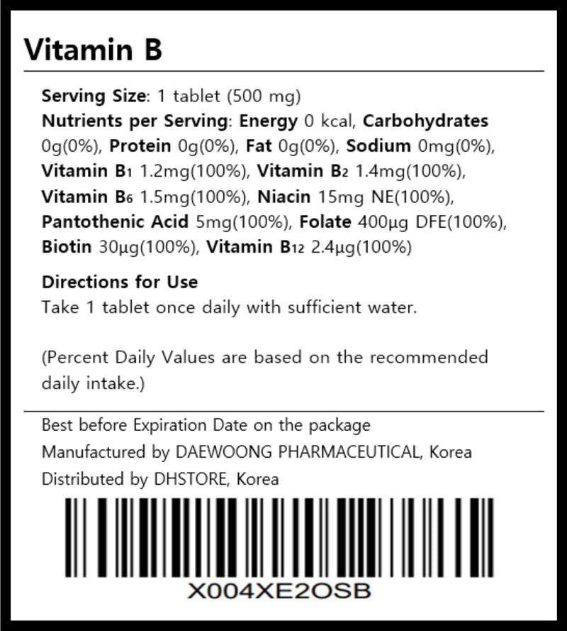 Vitamin B Complex – High-Potency B-Group Supplement for Energy Metabolism & Daily Vitality, 500mg x 30 Tablets, Convenient Once-Daily Formula, Made in Korea