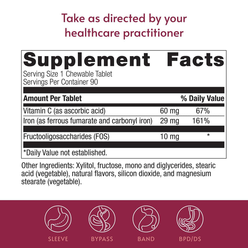 Bariatric Advantage Chewable Iron 29 mg, Passion Fruit, 90 Count | 29 mg Iron, for Bariatric Surgery Patients, Iron with Vitamin C, No Iron Taste, Ferrous Fumarate and Carbonyl Iron Supplement 90 Count (Pack of 1)