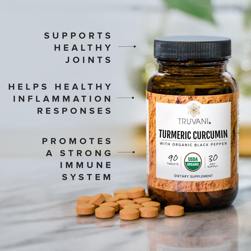 Truvani Organic Turmeric Curcumin Tablets 1,350 mg Each - Natural Joint Support with Black Pepper for Absorption - 90 Tablets - BeesActive Australia