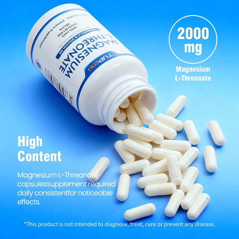 Magnesium L-Threonate 120 Capsules,Vitamin D3,Magnesium Threonate with Vitamin C,High Absorption,Non-GMO,60 Days Supply (120)