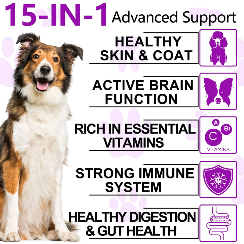 Dog Multivitamin Chewable, 15-in-1 Dog Vitamins Supplements, Support Health- Skin, Immune System, Skin & Coat, Hip & Joint Supplements for All Ages All Breeds(150 Chews Duck Flavor)