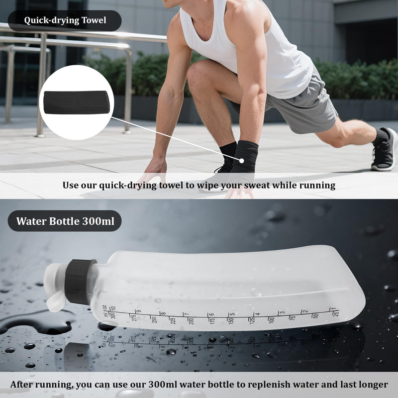 Running Belt for Women & Men-Waterproof Running Bag Belts Fanny Pack with Water Bottle & Cooling towels-Adjustable Reflective Belt Waist Pack with 3 pocket for Jogging, Hiking, Gym & Travel (Medium) Medium