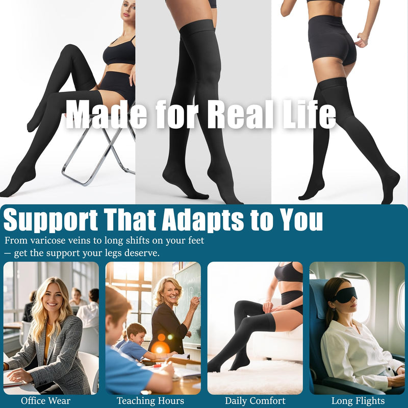Thigh High Compression Socks,20-30 mmHg Closed Toe Compression Stockings for Men Women,for Varicose Veins,Edema,DVT Large(1 Pair) Black