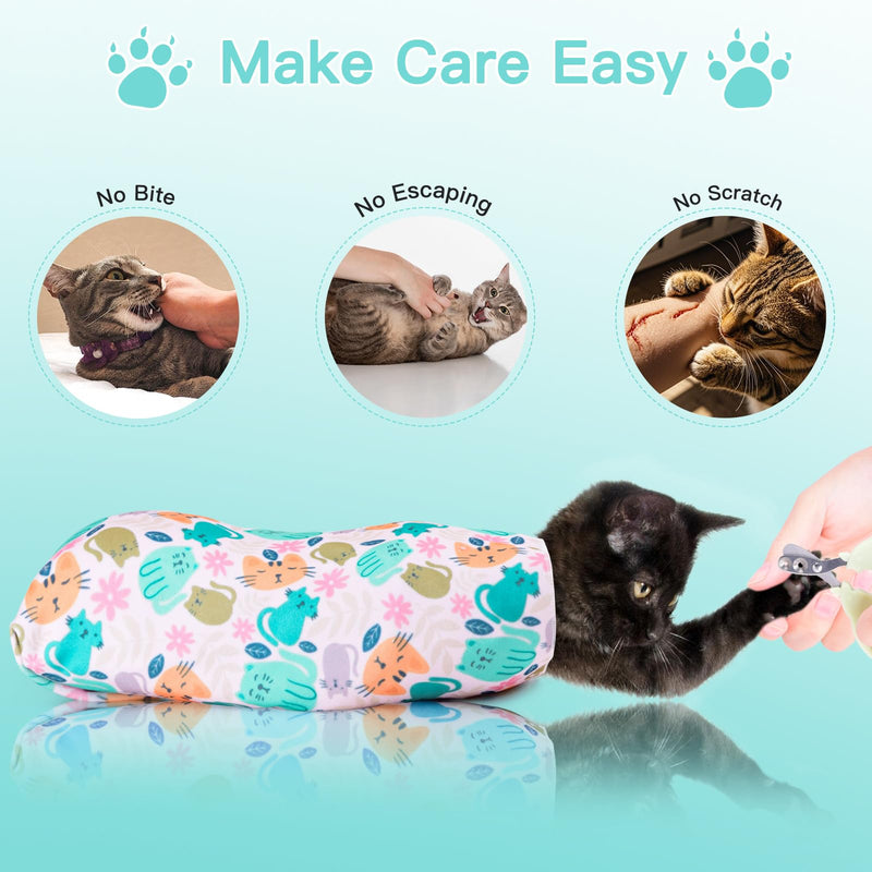 Cat Grooming Wrap, Cat Restraint Wrap for Nail Clipping, Self-Adherent Fabric Wrap for Cats, Anti-Scratch, Anti-Escape, Multifunctional Swaddle Wrap Pet Tool (Green Kitten, Large) Large (11.1lbs) Green Kitten - BeesActive Australia