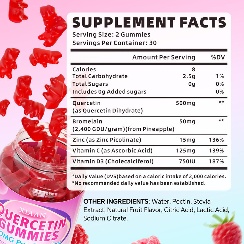 Quercetin Gummies 500mg for Kids & Adults, Organic Quercetin Supplements with Bromelain Zinc Vitamin C and D3 Support Antioxidant & Immune System Health, Raspberry Flavor 60 Count 60 Count (Pack of 1)