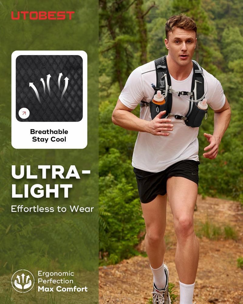 Running Vest, 5L Hydration Vest Lightweight, Breathable and Sweatproof Running Backpack, Adjustable Running Hydration Vest for Trail Running Marathon Race Jogging Cycling Black Vest 5L with 2 x Soft Flask