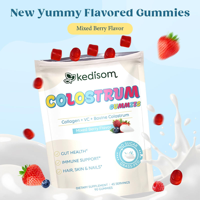 Colostrum Gummies, Grass Fed Colostrum Supplement, 90 Bovine Colostrum Gummies, 45 Servings, Mixed Berry, Sugar-Free
