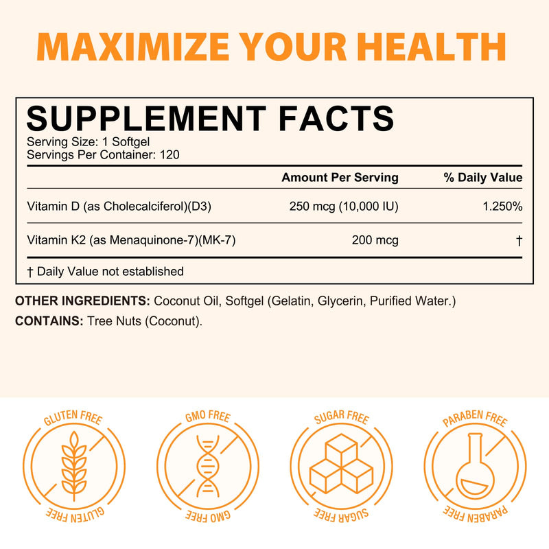 flasture Vitamin D3 K2 Supplement Softgels, 10000 IU VIT D3 + 200 MCG K2 (MK-7) | 2-in-1 Replenish Formula with Coconut Oil, Supports in Calcium Absorption, Easy to Swallow 120 Capsules. 1 Count (Pack of 120)