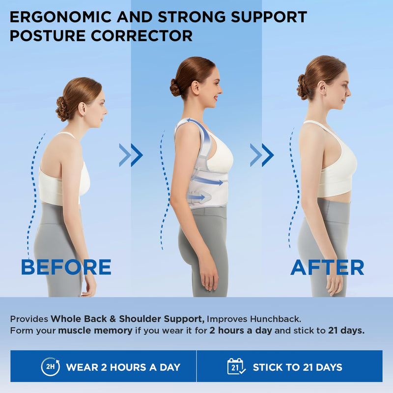 Vicorrect Posture Corrector for Women and Men: Back Support Brace Relieve Upper Back Shoulders Pain (Gray, Large) Gray