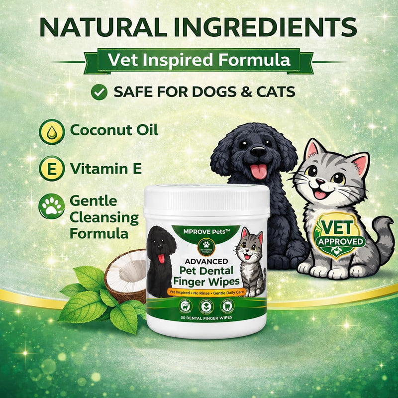 Advanced Pet Dental Finger Wipes for Dogs & Cats – Coconut Oil Formula, No-Rinse Teeth Cleaning Wipes for Plaque, Tartar & Bad Breath – Vet Inspired Oral Care, 50 Count