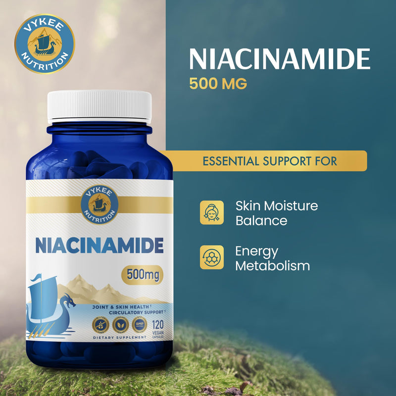 Vykee Nutrition Niacinamide Capsules - Vitamin B3 Supplement 500 mg | For Skin Wellness Cellular Energy and Metabolic Support - Vegan, Non-GMO Gluten Free, 120 Count