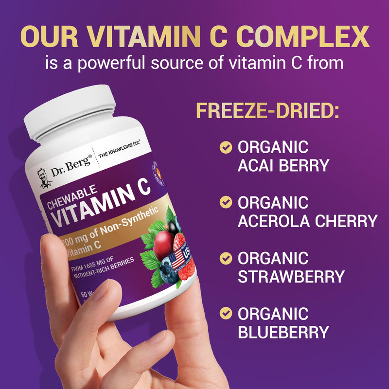 Dr. Berg Chewable Vitamin C Complex - Made with Organic, Non-GMO Berries - 60 Delicious Wafers 60 Count (Pack of 1)