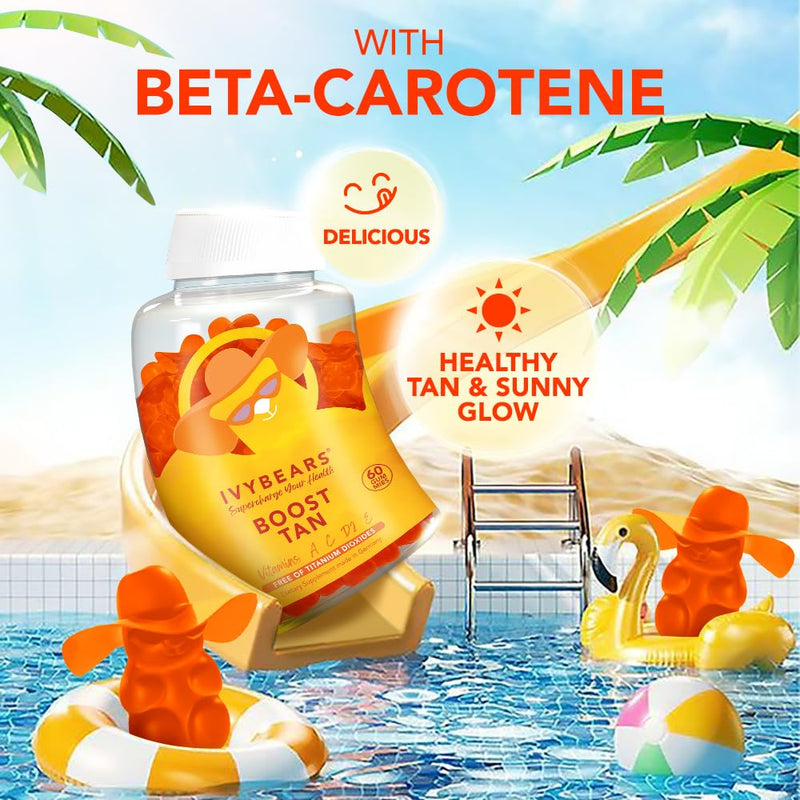 Glow Tanning Gummies - Beta Carotene, Vitamin A, C, D2 & E - [AI Tanning Specialist ADA] Supports Healthy Tan & Glow - Vegan & Made in Germany - Pack of 60 - Boost Tan