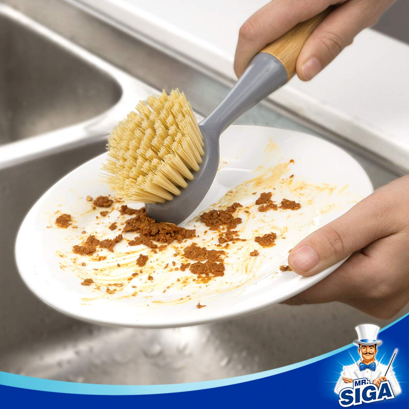 MR.SIGA Dish Brush with Bamboo Handle Built-in Scraper, Scrub Brush for Pans, Pots, Kitchen Sink Cleaning, Pack of 2 Gray - BeesActive Australia