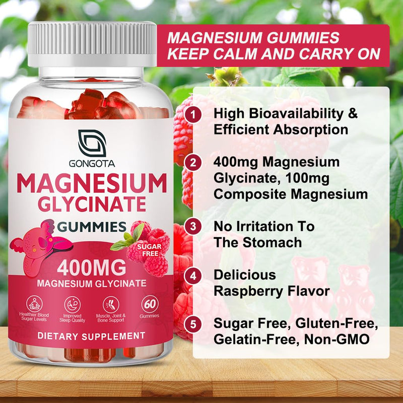 Magnesium Glycinate Gummies 400 mg with 100 mg Composite magnesium - Chelated Magnesium Potassium Supplement with Vitamin D, B6 Supports Calm, Sleep, Memory & Muscle Cramps,Sugar Free - 60 Gummies 60 Count (Pack of 1)