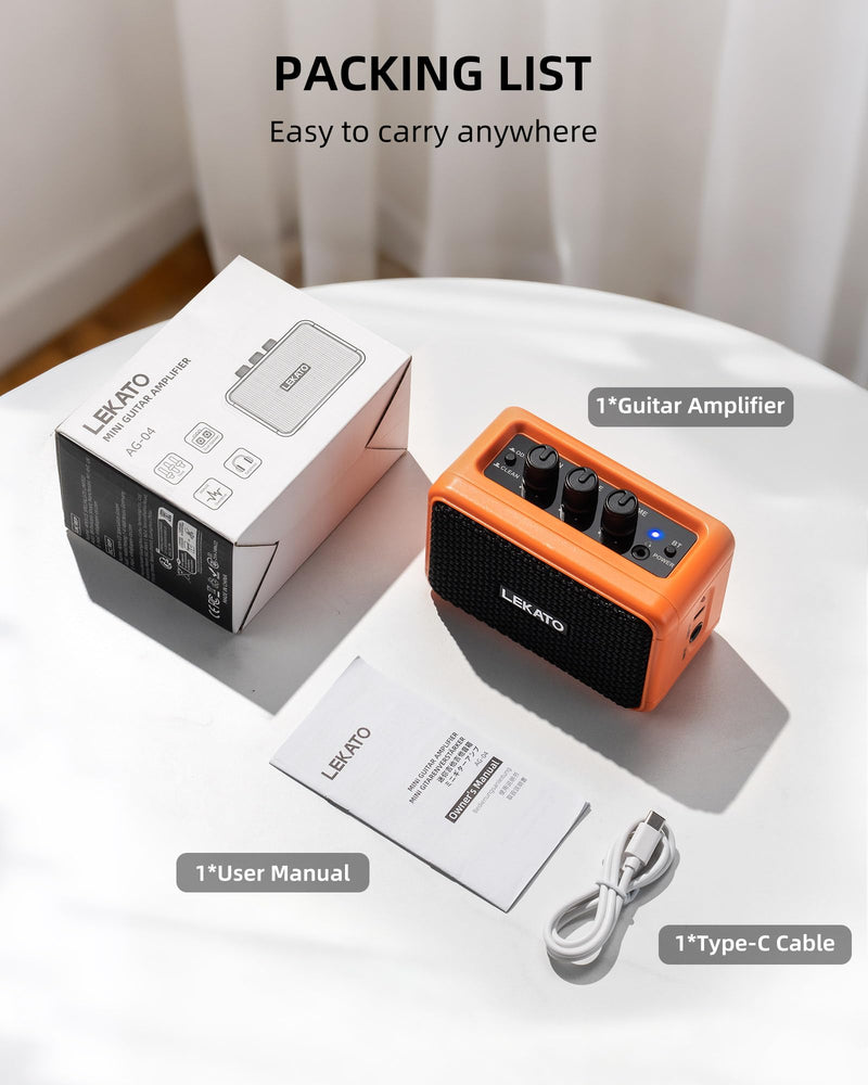 LEKATO Mini Guitar Amplifier AG-04, Dual Speakers 5W, Rechargeable Electric Guitar Amp Bluetooth with Clean Overdrive, 6H Working, Headphone Jack, Wireless Portable Amp for Practice Traveling（Orange） Orange