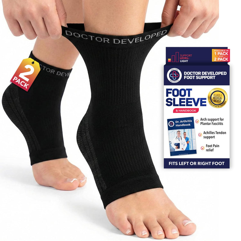 Dr. Arthritis Doctor Developed Plantar Fasciitis Socks/Compression Foot Sleeves, Copper Ankle Brace for Heel Support & Doctor Written Handbook (Black, M) Black Medium