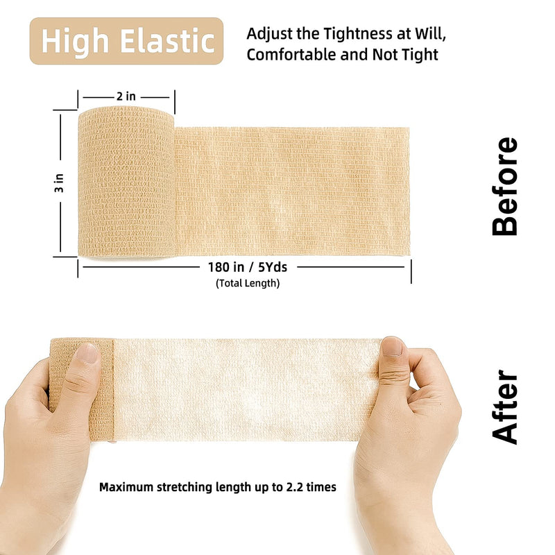 Self Adhesive Bandage Wrap(12 Pack, 3 Inch x 5 Yards), First Aid Medical Cohesive Bandage Tape, Breathable Elastic Sports Athletic Tape Wrap for Ankle, Wrist, Knee, Foot Sprains & Swelling(Tan) Brown - BeesActive Australia