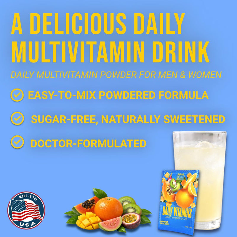 Dr. Price's Vitamins Multivitamin Powder, Vitamin C, Orange Tropical, 30pk | Daily Supplement Drink Mix, Vitamin D3, B12 & B Complex, Minerals, Sugar Free, Made in USA, Doctor-Formulated