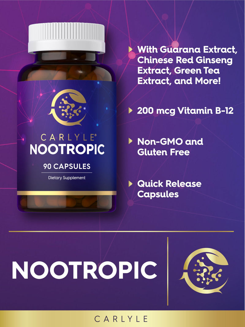 Carlyle Brain Nootropic Supplement | 90 Capsules | with Caffeine, B12, and Guarana Extract | Non-GMO & Gluten Free