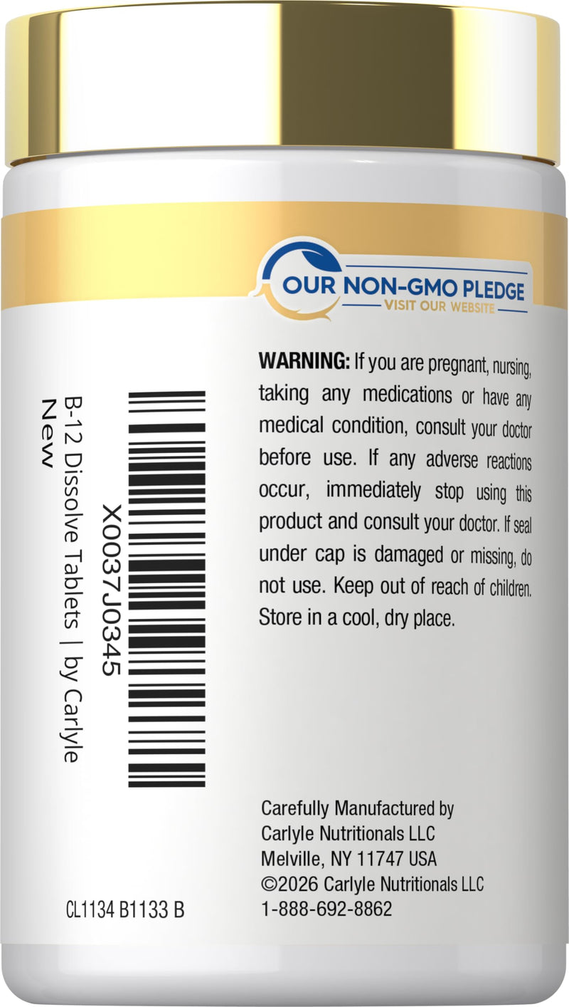 Carlyle Vitamin B12 Sublingual 2500 mcg | 250 Fast Dissolve Tablets | Cyanocobalamin Supplement With Folic Acid for Adults | Natural Berry Flavor | Vegetarian, Non-GMO, and Gluten Free