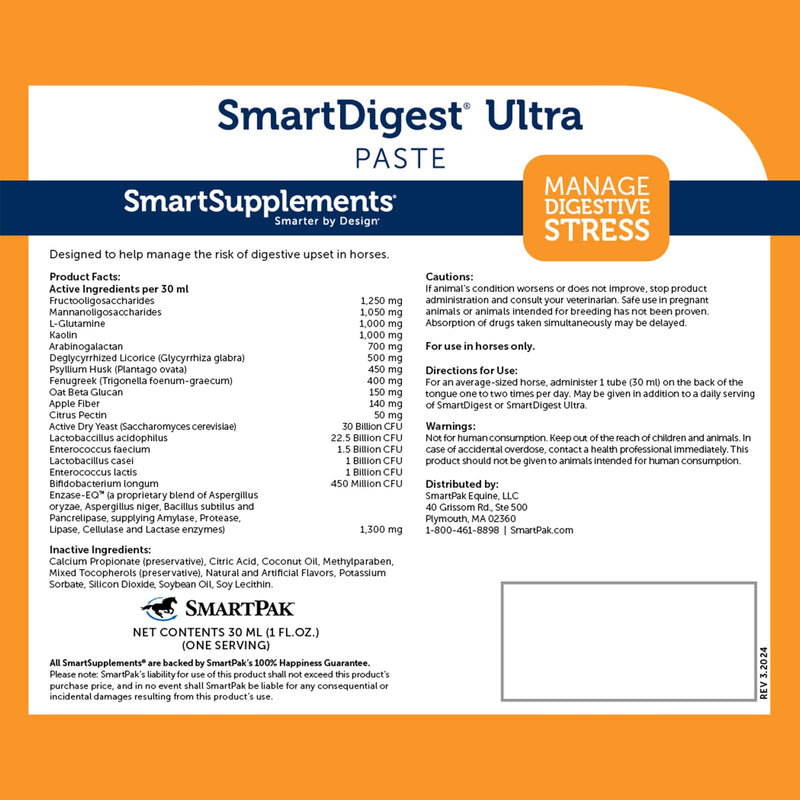 SmartPak SmartDigest Ultra Paste Digestive Health and Support Horse Supplement | Provides Prebiotics, Probiotics, Digestive Enzymes, Butterscotch Flavor, Pack of 6 Tubes - PawsPlanet Australia