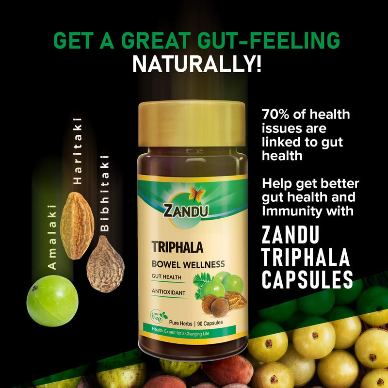 Zandu Triphala Capsules, Supports Bowel Wellness & Healthy Gut, Helps to Boost Immunity & Useful for Digestion, Antioxidant Properties - 90 Veg Capsules - BeesActive Australia