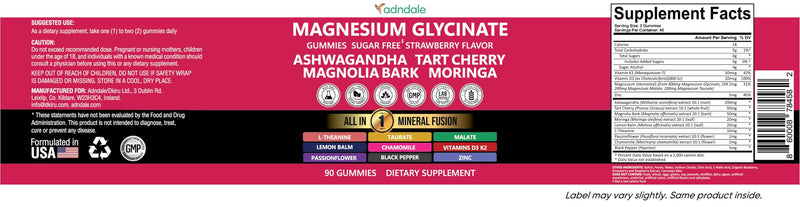 Adndale Magnesium Glycinate 400 mg Gummies with Ashwagandha, Magnesium Malate & Taurate, Tart Cherry, Magnolia Bark, Lemon Balm, Passionflower, Chamomile, L-Theanine, Zinc, Vitamin K2 & D3. 180CT Strawberry 90 Count (Pack of 2)