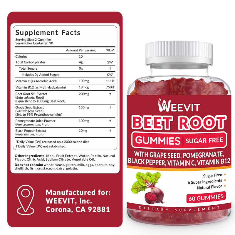 WEEVIT Beet Root Gummies, Nitric Oxide Supplement for Men Women, Beet Chews | Grape Seed, Pomegranate, Black Pepper, Vitamin C, B12 60 Count (Pack of 2)