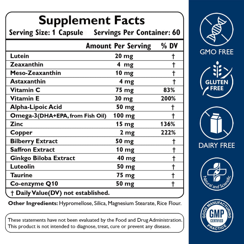 Neurobella Eye Formula, 16-in-1 Eye Vitamins and Mineral Supplement with Lutein 20mg, Zeaxanthin 4mg & Meso-Zeaxanthin 10mg, Astaxanthin, Omega 3, Bilberry & Saffron, Eye Health, 60 Capsules