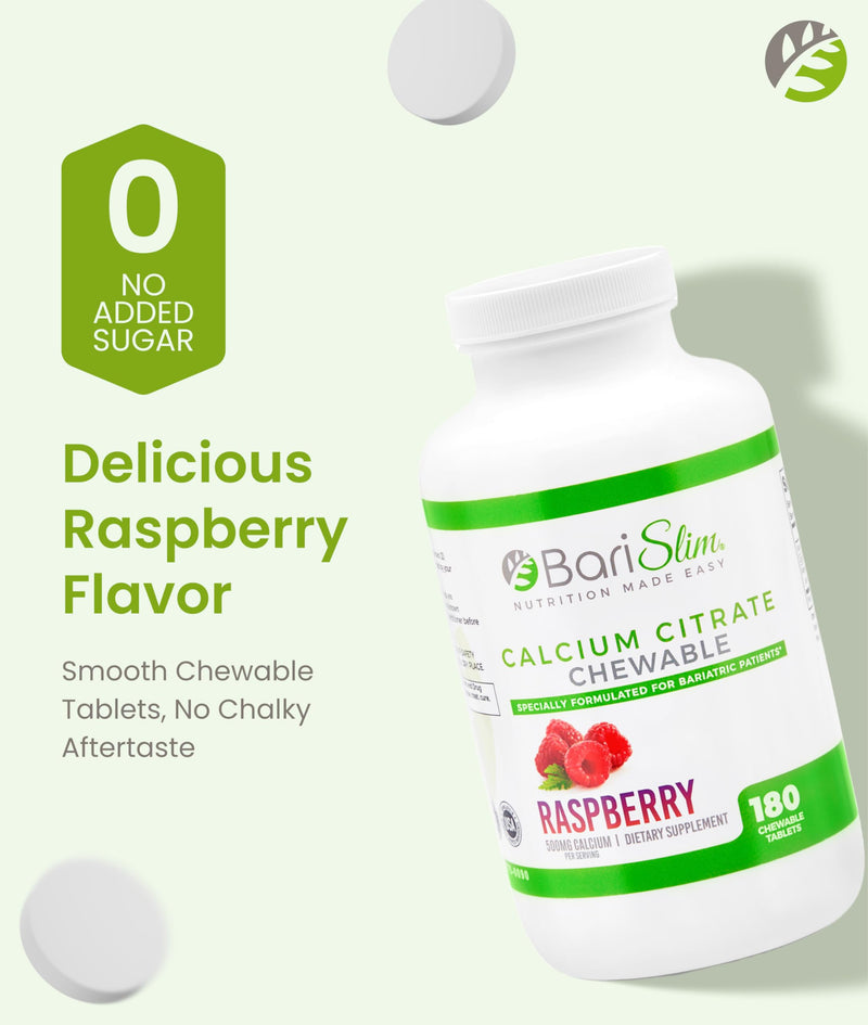 BariSlim Bariatric Calcium Citrate with Magnesium Citrate & Vitamin D Chewable Tabs - 500mg Calcium Citrate - Formulated for Post Weight Loss Surgery - Supports Bone Health | Raspberry | 180 Tabs
