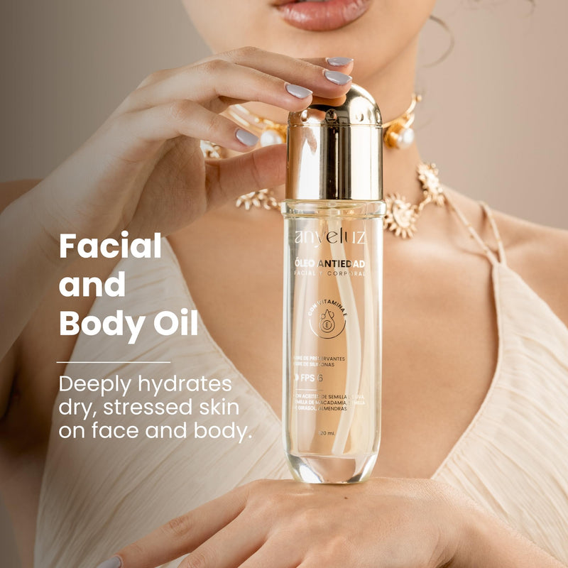 ANYELUZ Face and Body Oil with vitamin E, Luxury Anti-Aging & Stretch mark prevention formula, Deep hydration for face and body, All skin types, Óleo Facial Antiedad con Vitamina E