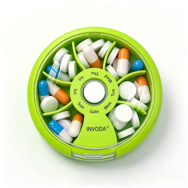 3PCS Weekly Pill Organizer Travel Pill Container Small Portable Pill Case | Cute Round Rotate Pill Dispemser 7 Day Daily Pill Box for Fish Oil Supplements Vitamins, Arthritis Friendly and Portable Green 3pcs