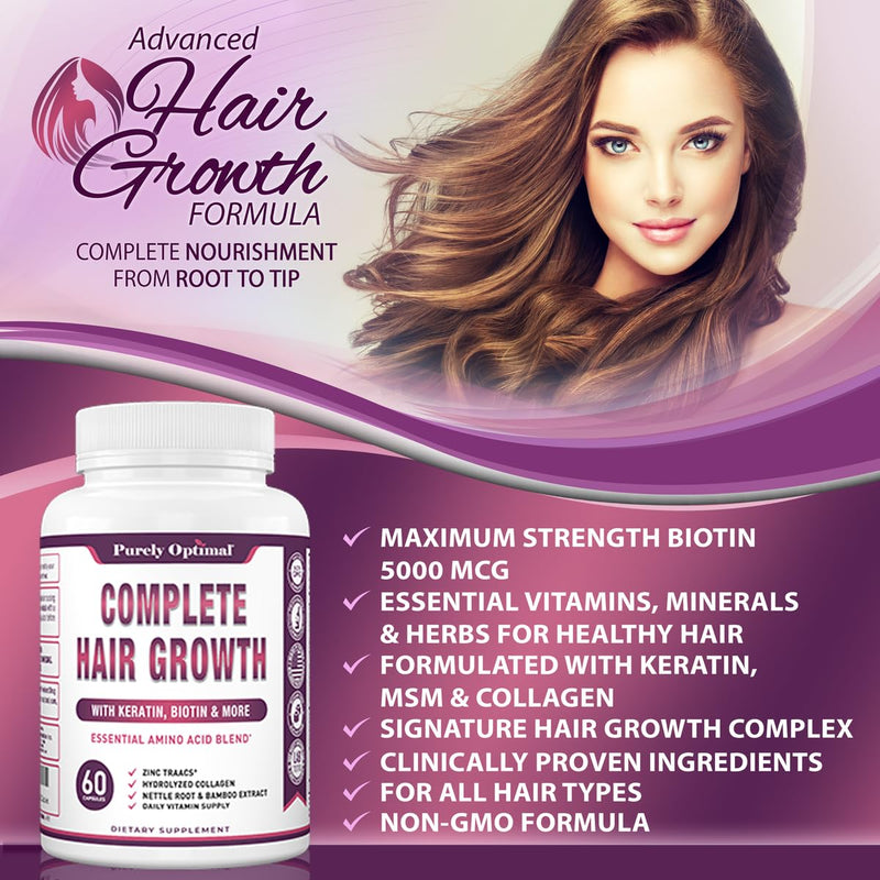 Purely Optimal Hair Growth Vitamins – Supports Thicker, Stronger Hair Growth, Healthy Skin & Nails – Biotin, Collagen, Keratin – Easy-to-Take, Unflavored, 60 Capsules