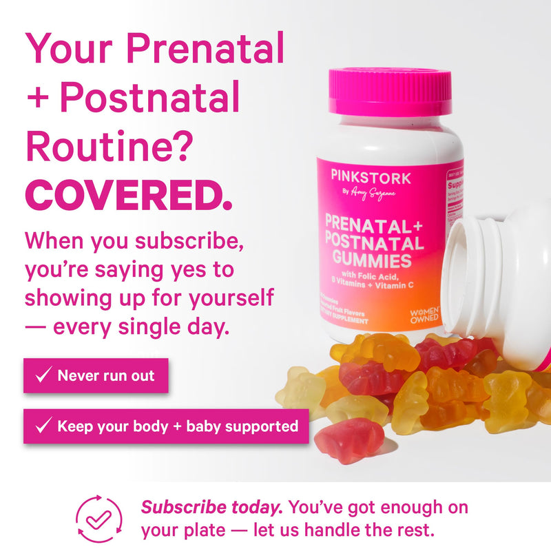 Pink Stork Fertility + Prenatal + Postnatal Gummy Vitamins, 60 Count | Full Motherhood Journey Support, Folate, B Vitamins, Zinc & Biotin, Postpartum Essentials, Assorted Fruit