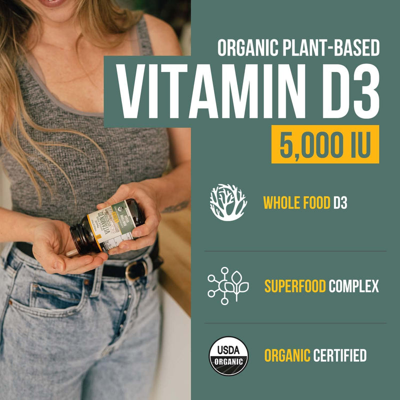 Organic Vitamin D3 5,000 IU - 100% Whole Food & Plant-Based Cholecalciferol Form, 100% Vegan Vitamin D - Enhanced with Prebiotic & Superfood Complex – Organic, Vegan, GMO & Gluten Free (60 Capsules) 60 Count (Pack of 1)