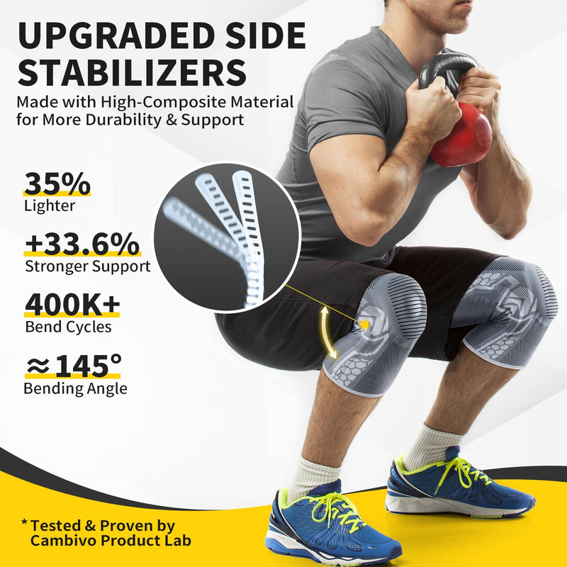 CAMBIVO 2 Pack Knee Brace for Men and Women, Knee Sleeves for Men with Patella Gel Pad and Side Stabilizers, Knee Compression Sleeves for Knee Pain Relief, Running, Workout, Daily Use Gray Large
