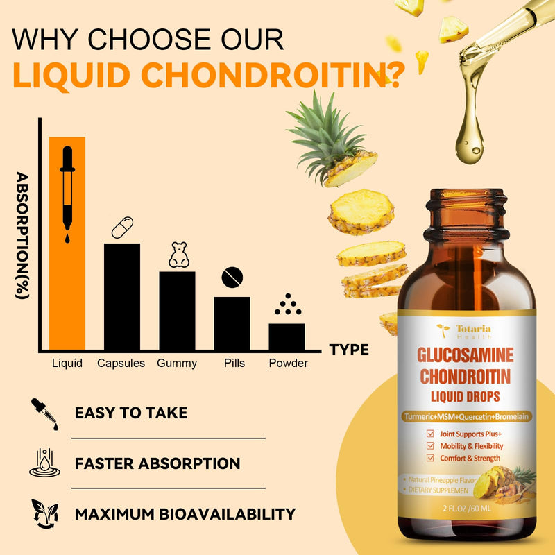 Glucosamine Chondroitin MSM Liquid Drops, Vitamin D3 - Joint Support Supplement for Mobility, Flexibility & Bones Chondroitin Sulfate Supplement Turmeric, Quercetin, Bromelain, MSM Oil 2 FL.OZ 2 Fl Oz (Pack of 1)