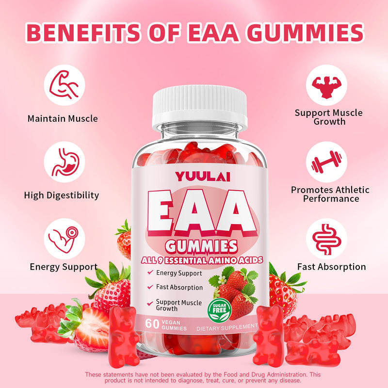 Pack of 2 EAA Gummies Essential Amino Acids - All 9 Essential Aminos (EAA) and All Branched-Chain Aminos (BCAAs) for Muscle Recovery, Energy Support, Strawberry Flavor, 120 Count 120 Count (Pack of 1)