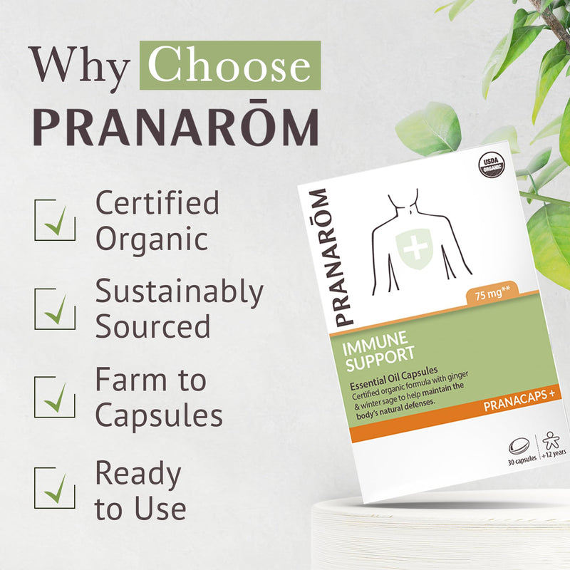 Pranarom Immune Support Pranacaps | Ginger and winter savory essential oil capsules to help maintain the body's natural defenses. Certified organic ingredients.