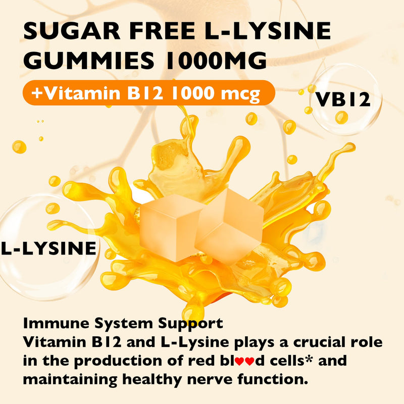 L-Lysine Gummies 1000mg - L-Lysine Supplements for Kids and Adults - Lip and Cold Sore* Support for Women - Chewable Lysine Gummies with Vitamin B12 - Vegan, Non GMO, Gluten-Free, 60 Counts 1