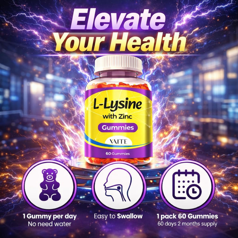 VAITE L Lysine Gummies 1000mg with Zinc - Supports Skin, Lip, Vegan, Gluten Free, 60 Chewable L-Lysine for Adults, Vitamins Tissue Health & Immune System, Amino Acid & Complex Supplements, Non-GMO 1 Pack