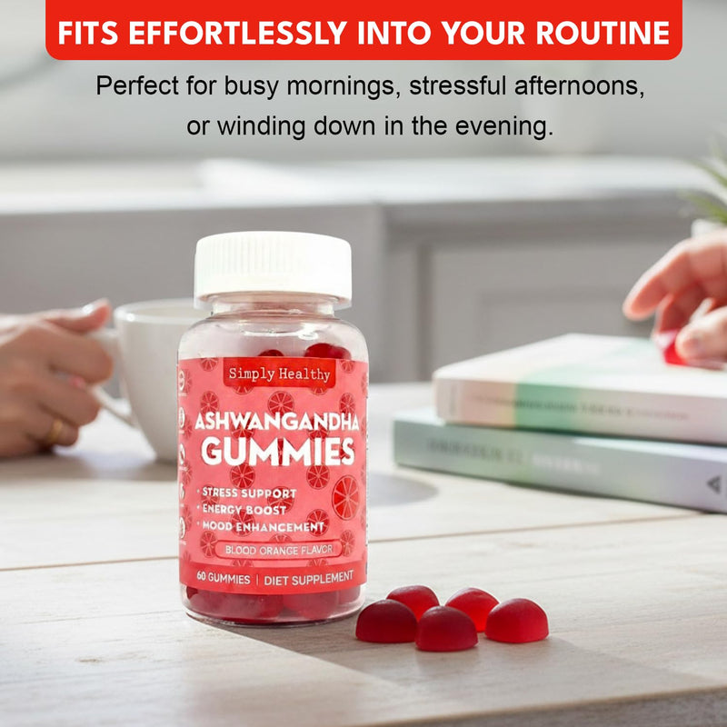 Premium Ashwagandha Gummies, Stress Support with Blood Orange Flavor, Vegan, Easy to Chew, Daily Aid, Energy Booster, Mood Enhancer, for Both Men and Women, 60 Gummies