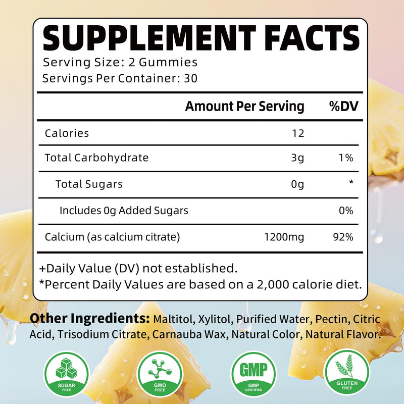 Pack of 2 Calcium Citrate Gummies 1200mg, Chewable Calcium Supplements for Women & Men, Sugar Free Calcium Gummies for Bone, Muscle & Immune Support, Pineapple Flavor, 120 Count 120 Count (Pack of 1)
